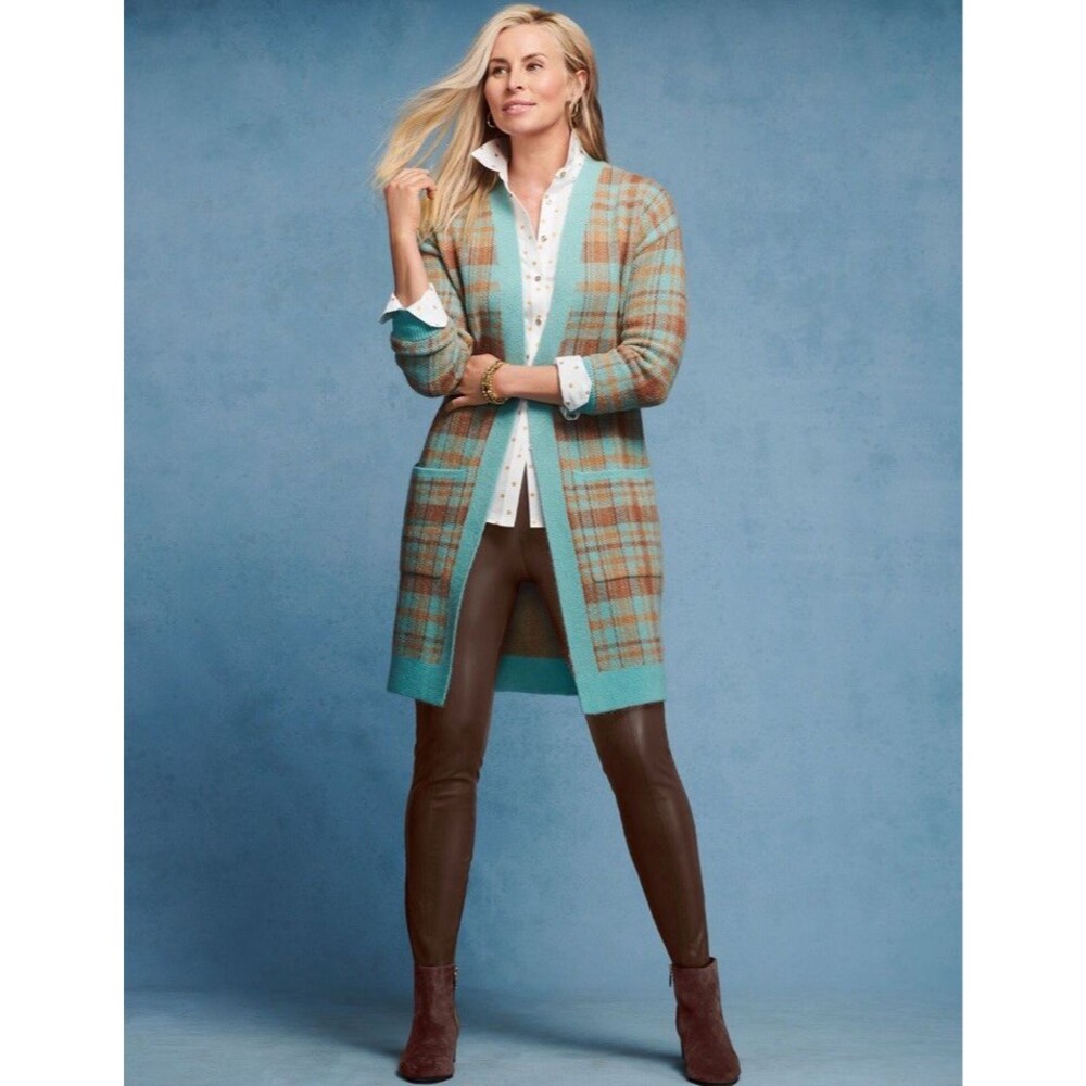 Talbots Plaid Open Front Cardigan Turquoise Brown Long Knit Sweater Pockets M
